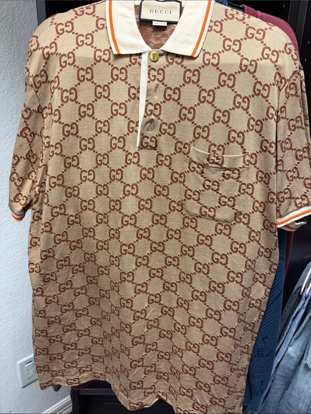 Gucci Brown GG Monogram Beige Polo with Contrast Trim